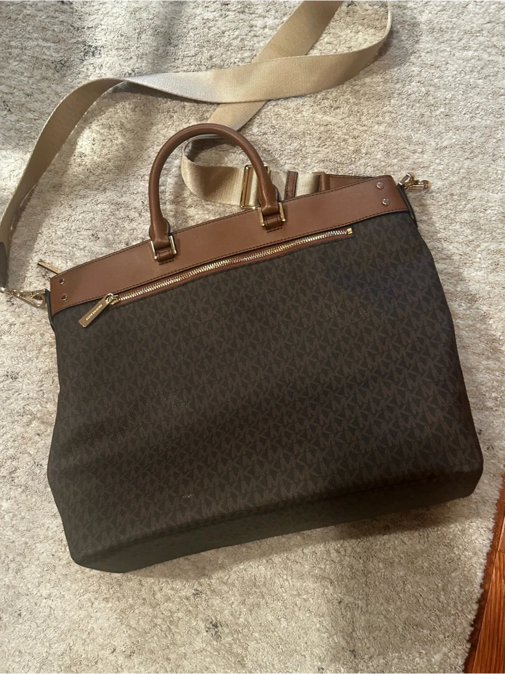 Michael Kors Gold Logo & Brown Leather Messenger with Beige Strap